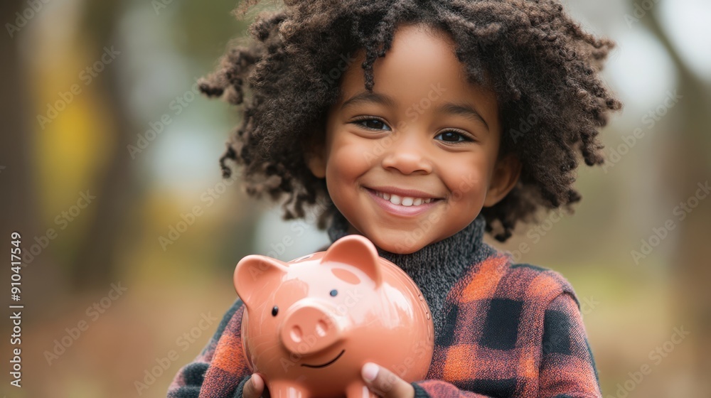 Child holding a piggy bank with a smile Child holding a piggy bank with a smile