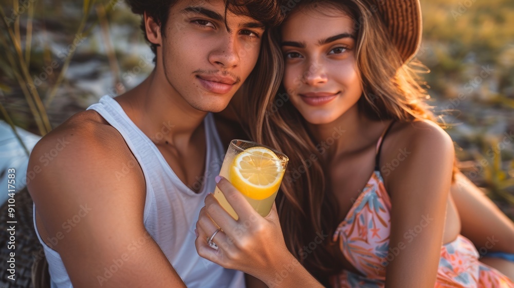 Cheerful pair cooling off with lemonade on the beach Cheerful pair cooling off with lemonade on the beach