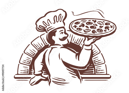 Italian chef cook holding hot pizza with traditional oven. Restaurant Italian food emblem or logo