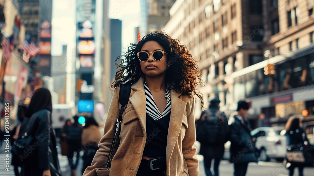 Obraz premium Urban Woman in Stylish Coat and Sunglasses Walking Through Bustling City Streets on a Sunny Day