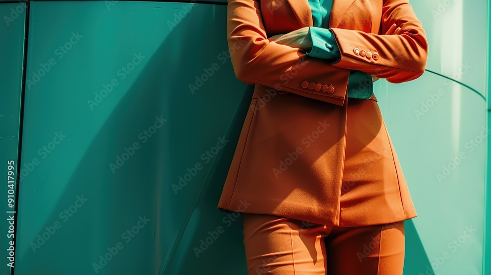 Fototapeta premium Confident Individual Dressed in Orange Suit Leaning Against Turquoise Wall in Urban Setting