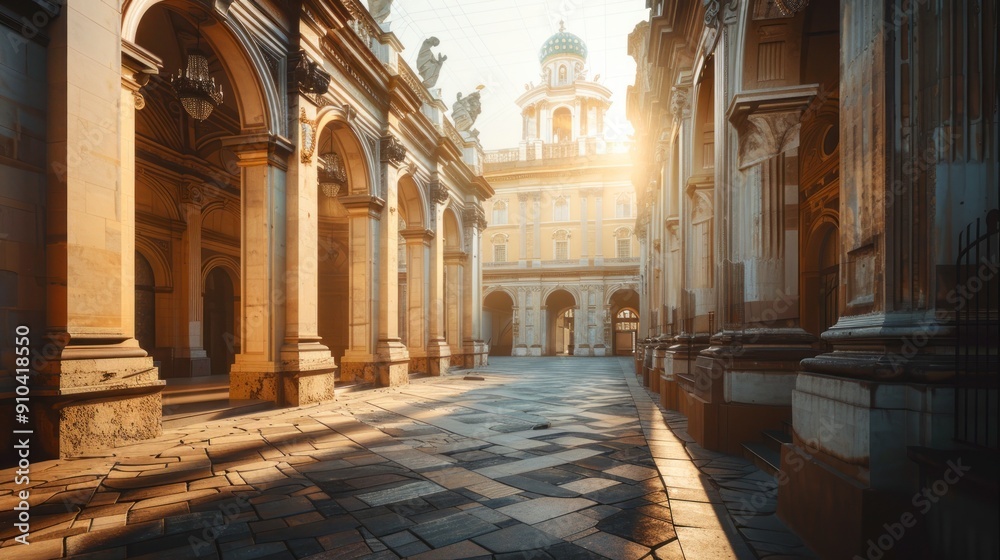 Obraz premium A grand historical building with classical architecture in a city setting, creating a majestic and timeless atmosphere.
