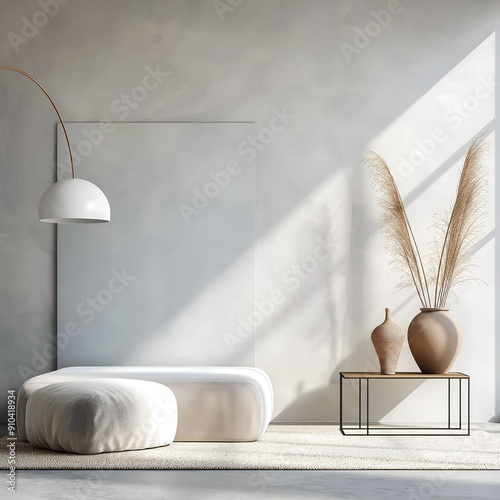 Aesthetic elegant minimalist japandi interior design. Clear mock up empty wall for decoration. Copy space. Neutral palette of natural colors. photo