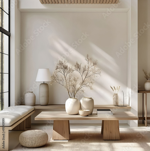 Aesthetic elegant minimalist japandi interior design. Clear mock up empty wall for decoration. Copy space. Neutral palette of natural colors. photo