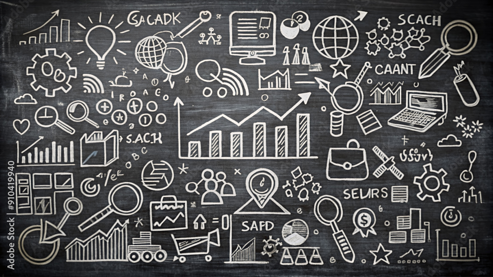 Chalkboard with intricate illustrations of search engine marketing concepts including keywords, analytics, and advertising strategies in a messy yet organized artistic representation. Chalkboard with intricate illustrations of search engine marketing concepts including keywords, analytics, and advertising strategies in a messy yet organized artistic representation.