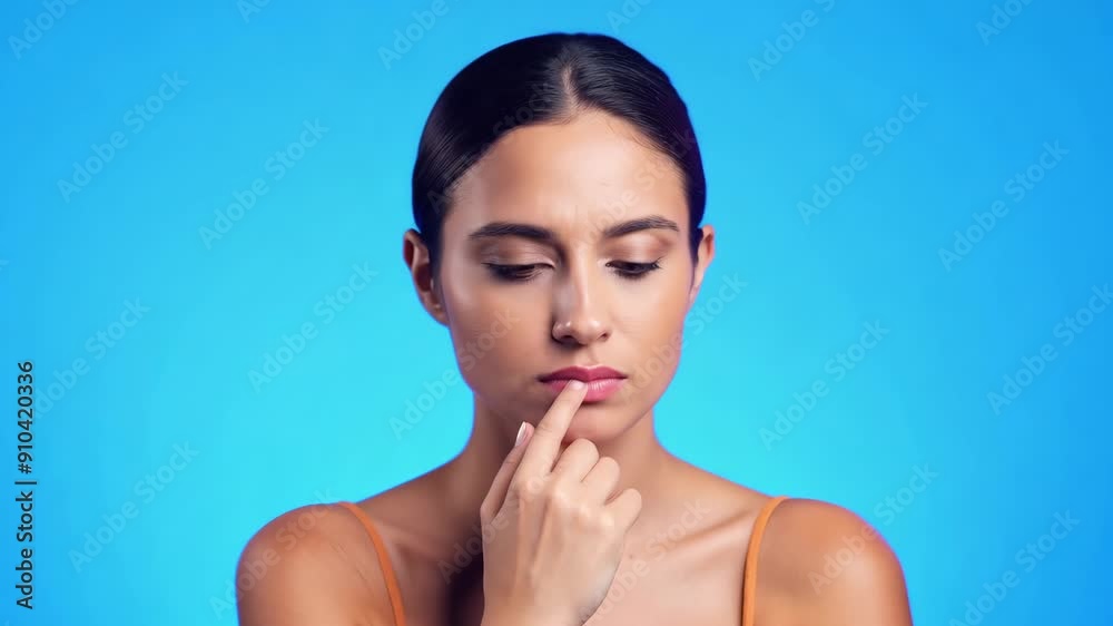 A young woman conveys deep introspection against a bright blue background, embodying calm and tranquility in her peaceful demeanor.