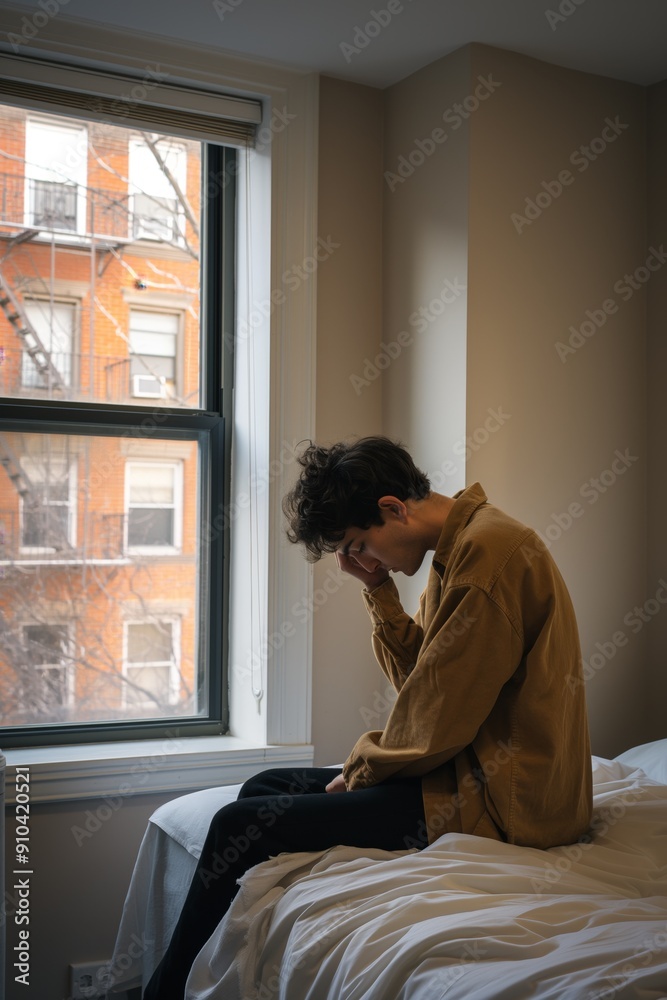 Adolescent boy sitting by window, looking down with one hand on his face. Concept of mental health in youth Adolescent boy sitting by window, looking down with one hand on his face. Concept of mental health in youth