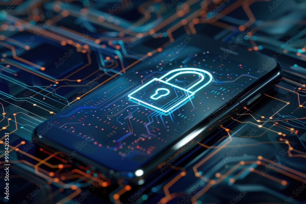 Smartphone with lock icon on digital background, symbolizing security and data protection in technology concept Generative AI Smartphone with lock icon on digital background, symbolizing security and data protection in technology concept Generative AI
