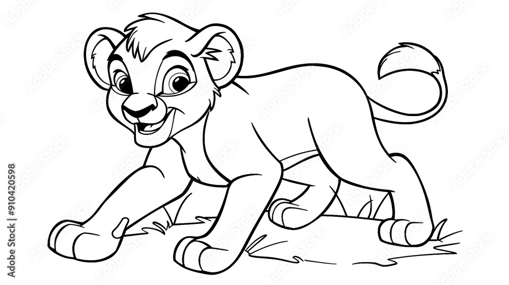 Cute Lion Cub Playfully Exploring a Green Meadow Under Bright Sunshine Cute Lion Cub Playfully Exploring a Green Meadow Under Bright Sunshine