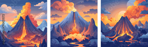 Sunset volcanic eruptions cartoon vector concepts. Lava mountain stone rock magma smoke leaks peak flow clouds landscape nature geology explosion environment artworks