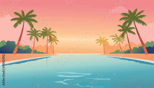 Tropical Beach Sunset Illustration with Swaying Palm Trees, Calm Ocean Waters, and a Vibrant Colorful Sky