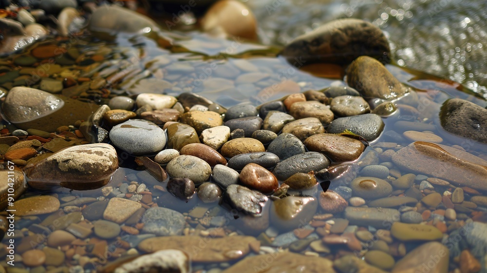 Natural Heart-Shaped Arrangement of Colorful Stones in Clear Water by Riverbank in Afternoon Light Natural Heart-Shaped Arrangement of Colorful Stones in Clear Water by Riverbank in Afternoon Light