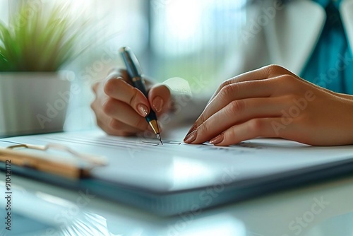 Transitioning to a Paperless Workplace: a Businesswoman electronically signs documents on a virtual notebook screen. Exploring e-signing and electronic signature for efficient document management. photo