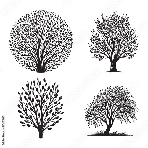 Black and White Willow Icons, Willow tree Silhouettes set, Willow Tree Outlines, Willow Vector Set