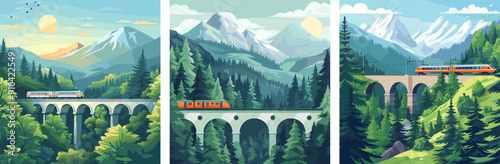 Train excursion over mountainous overpass cartoon vector scenes. Boulder gorge rock rail carriage railroad woodland landscape wilderness coniferous discovery wide ranging viewing alpine artworks