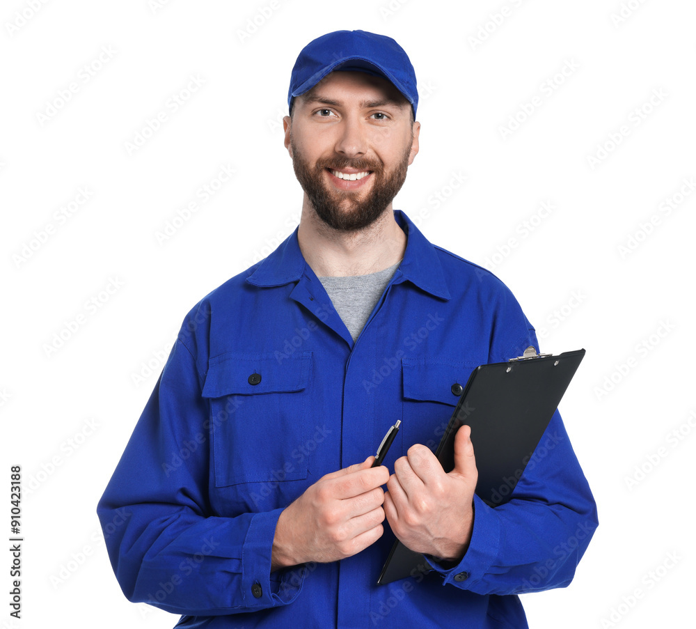 Professional auto mechanic with clipboard and pen on white background Professional auto mechanic with clipboard and pen on white background
