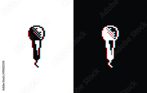 glich effect pixel Podcast icon. Vector pixel art microphone 8 bit logo for game