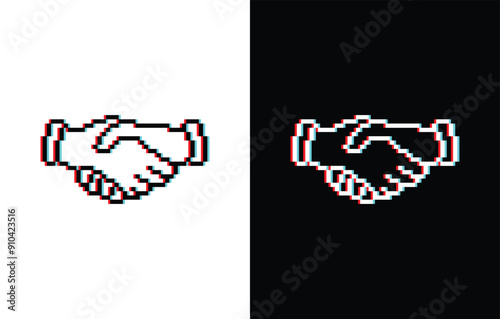 glich effect pixel hand shake icon. Vector pixel art handshake 8 bit logo for game