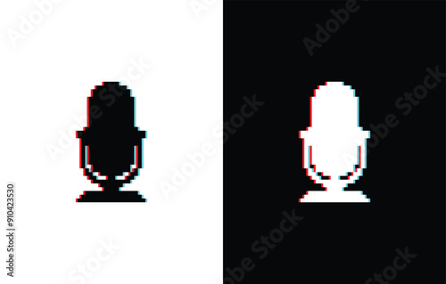 glich effect pixel Podcast icon. Vector pixel art microphone 8 bit logo for game