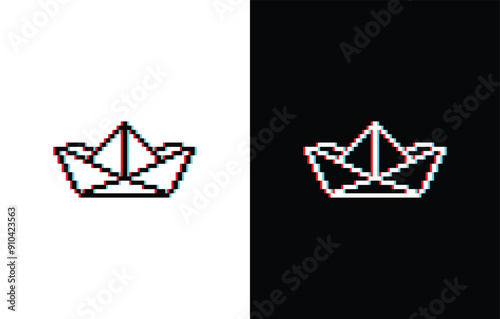 glich effect pixel paper boat icon. Vector pixel art boat 8 bit logo for game