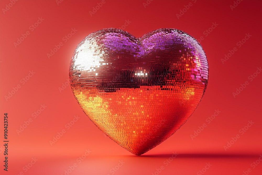 Heart shaped disco ball on red background
