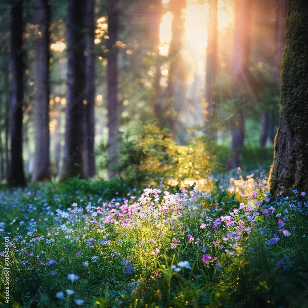 Obraz premium a forest floor covered in wildflowers, with ethereal bokeh lights filtering through the trees, creating an enchanted atmosphere.