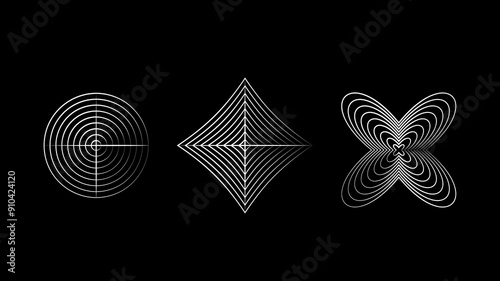 Set of 3 abstract geometric poster elements. 2d shapes, wireframes, cyberpunk and acid elements
