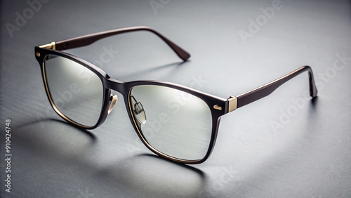 A sleek, modern glasses frame with a subtle, curved logo on the temple, resting on a minimalist background, conveying sophistication and elegance.