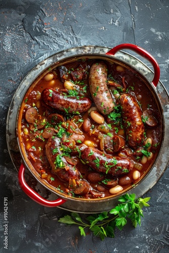 Savor the essence of fasolka po bretonsku, a hearty Polish bean stew with sausages and spices photo