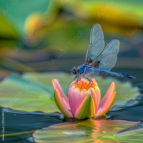 Blue dragonfly on waterlily pad