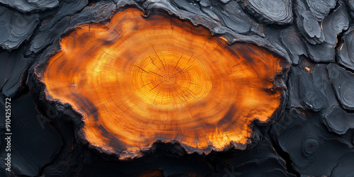 Charred Wood with Glowing Orange Heart Abstract Texture

 photo