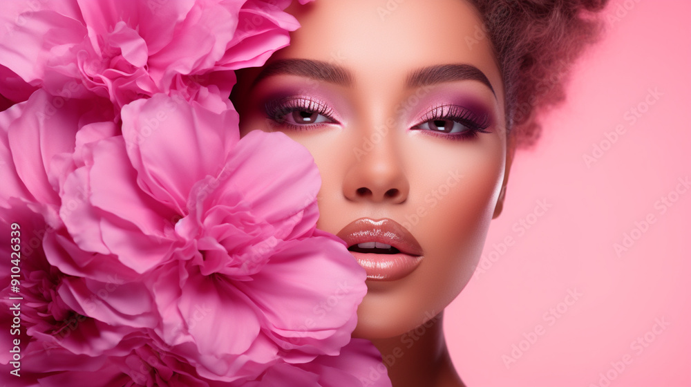 Beautiful young black woman with flowers and petals on her face. Beauty parlor horizontal banner concept, copyspace
Beautiful young black woman with flowers and petals on her face. Beauty parlor horizontal banner concept, copyspace