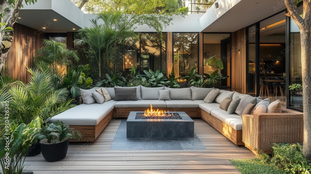 modern deck oasis natural wood rattan sectional slatetiled fire pit lush plants warm evening ambiance stylish outdoor living modern deck oasis natural wood rattan sectional slatetiled fire pit lush plants warm evening ambiance stylish outdoor living