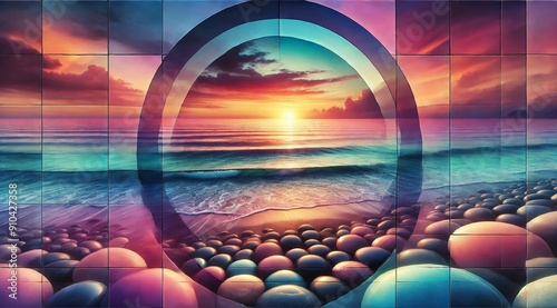 This image captures a beautiful beach at sunset, featuring a vivid sky painted in shades of orange, pink, and purple. The calm ocean waves gently touch the shore, creating a peaceful and serene atmos