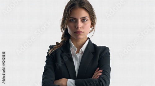 Business woman portrait isolated on white transparent background, businesswoman in suit, crossed arms, PNG