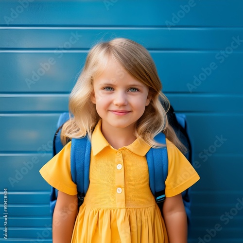 Back to School, Young blong girl with backpack ready for first day photo