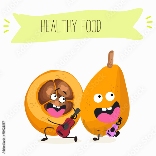 Cute loquat, medlar character with many expressions, fruit different activities, poses vector illustration flat design set.
