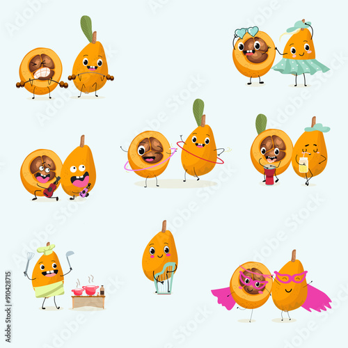Cute loquat, medlar character set, collection with many expressions, fruit different activities, poses vector illustration flat design set.
