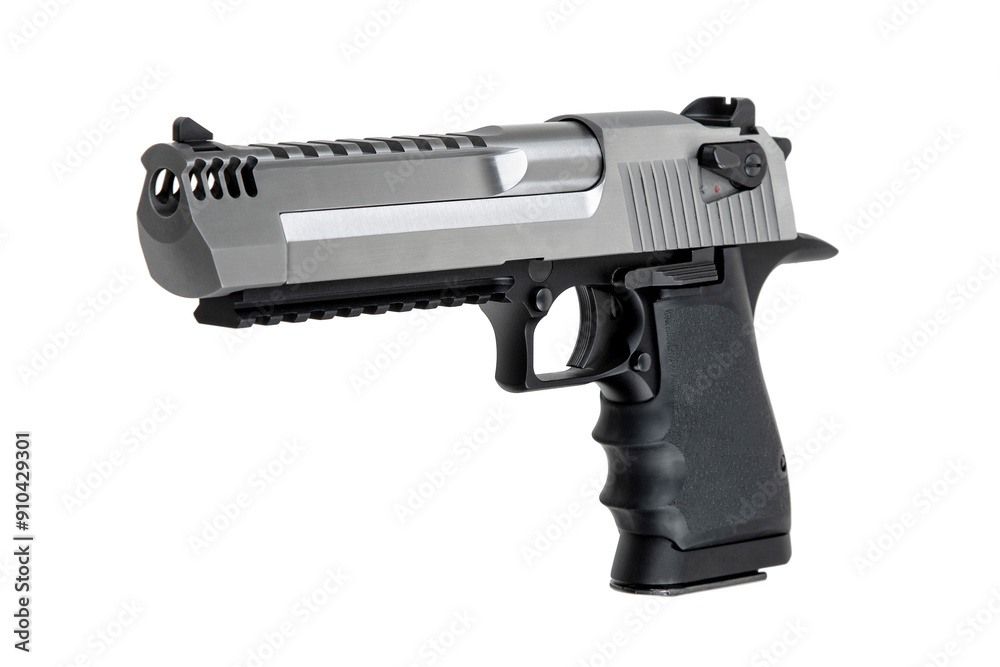 Powerful large caliber pistol. Silver pistol 50 caliber with black grip. Isolate on white back Powerful large caliber pistol. Silver pistol 50 caliber with black grip. Isolate on white back