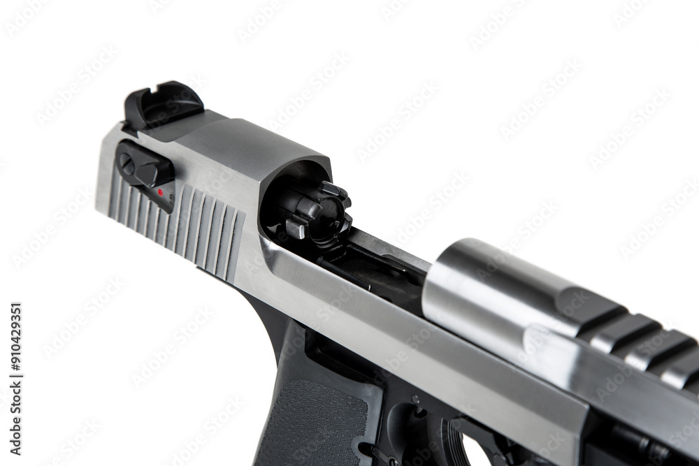 Powerful large caliber pistol. Silver pistol 50 caliber with black grip. Isolate on white back Powerful large caliber pistol. Silver pistol 50 caliber with black grip. Isolate on white back