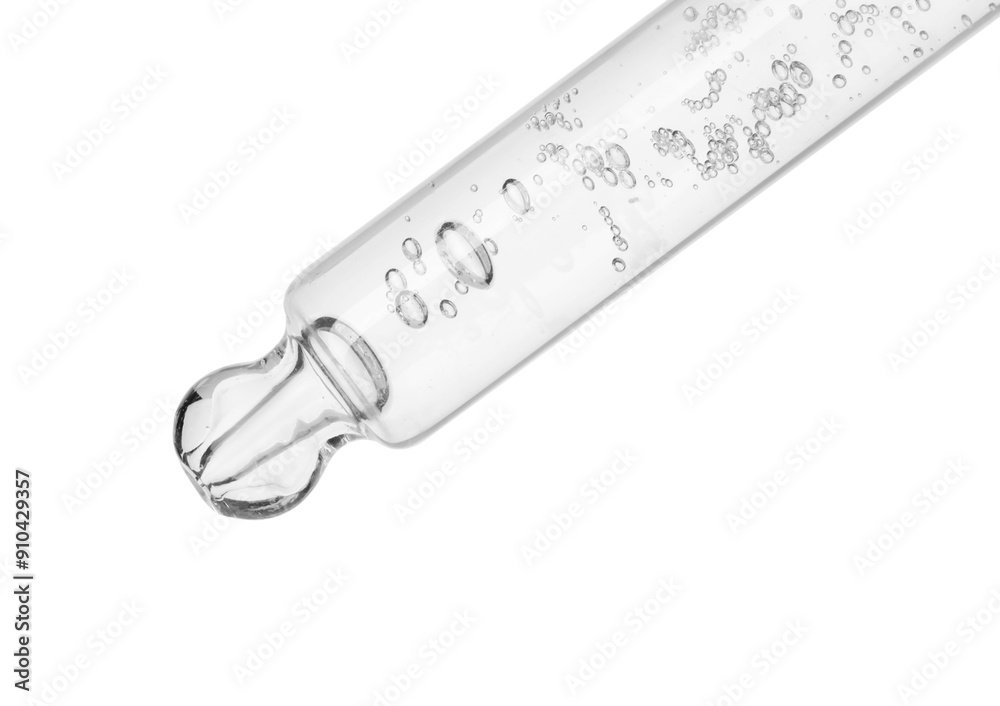 Dripping cosmetic serum from pipette on white background Dripping cosmetic serum from pipette on white background