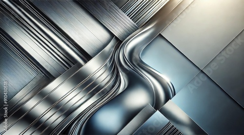 This image showcases a geometric arrangement of metallic surfaces with a blend of smooth and textured finishes. The abstract design features a mix of straight and curved lines, reflecting shades of si