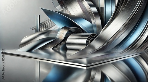 An abstract sculpture composed of shiny, metallic surfaces with a combination of smooth and textured elements. The sculpture features dynamic curves and reflective properties, creating an interplay of