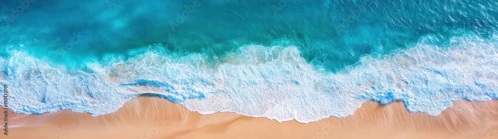 Aerial View of Turquoise Ocean Waves Crashing on Sandy Beach Aerial View of Turquoise Ocean Waves Crashing on Sandy Beach