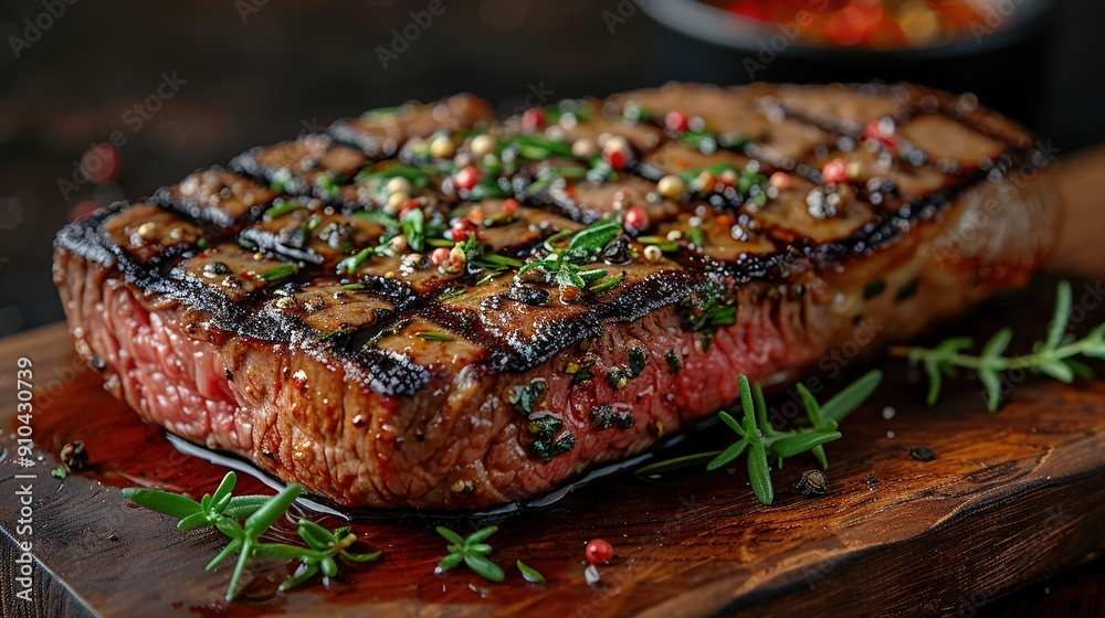 A perfectly cooked steak resting on a rustic wooden board beside a sharp knife and an array of vibrant vegetables A perfectly cooked steak resting on a rustic wooden board beside a sharp knife and an array of vibrant vegetables