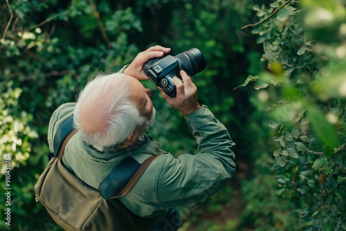 Elderly man photographing nature in forest, capturing scenic wilderness, exploring with camera, passion for photography concept, copy space photo