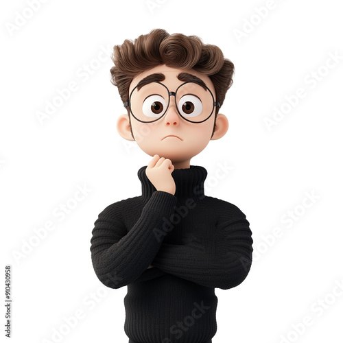 cartoon character young adult man in dark sweater person boy thinking/worried portrait in 3d style isolated