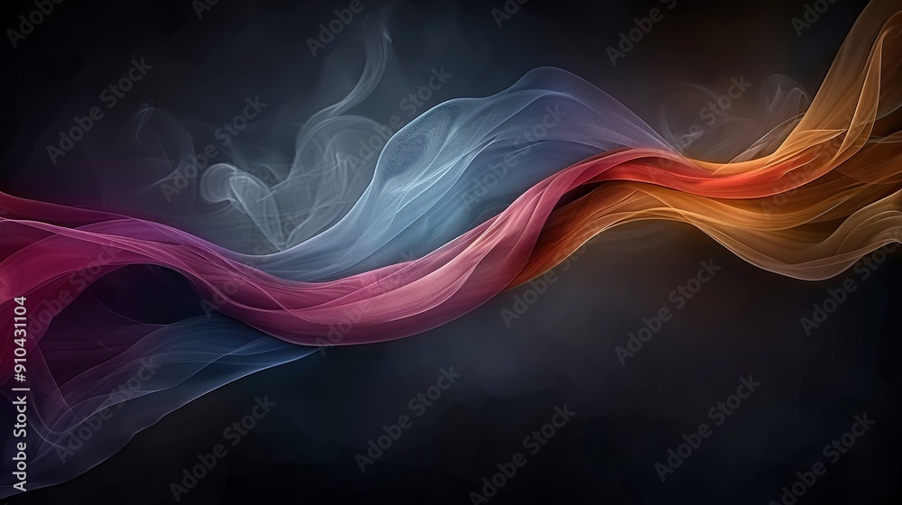 A wave of multicolored smoke on a black background with a light reflection on the left side A wave of multicolored smoke on a black background with a light reflection on the left side