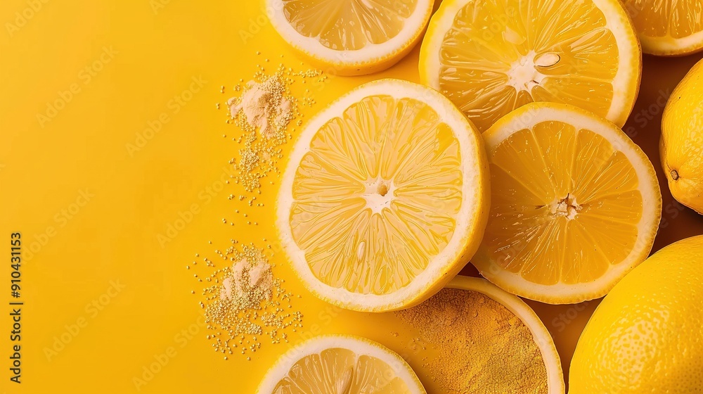 Lemons arranged in cluster on yellow platform with sprinkles Lemons arranged in cluster on yellow platform with sprinkles