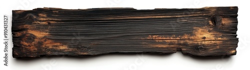 A charred wooden plank with visible grain and knots, isolated on a white background.